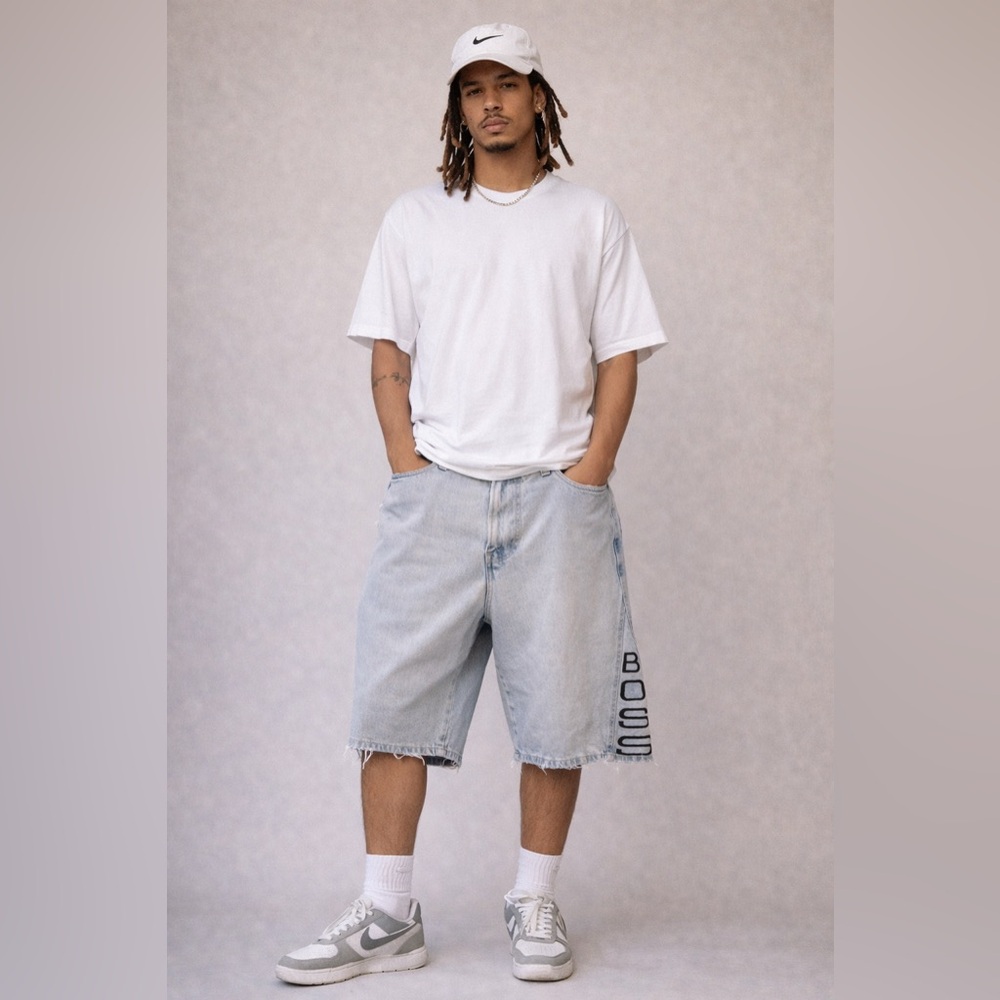 Vintage BOSS Y2K Baggy Denim Jorts Faded Thrashed Logo Waist 40